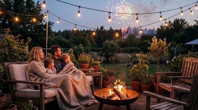 July Fourth backyard campfire family fireworks string lights celebration evening relaxed relatives wrapped in blankets near fire pit under festive lights suggest cozy holiday togetherness after