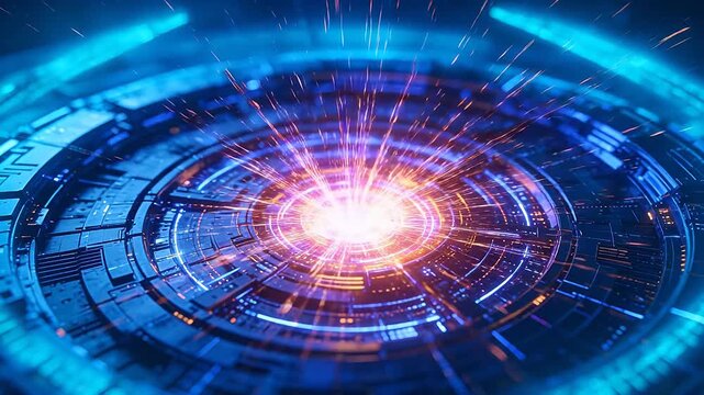 Futuristic ring tech device with bright energy core and multicolored light particles