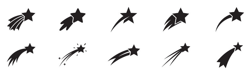 Shooting star icon set. Falling stars silhouette collection. Meteorite trail and comet symbol. Vector illustration. © Jeremy_Show