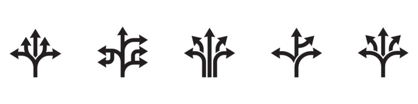 Split arrow icon set. Multi direction arrows symbol. Choice and decision concept way sign collection. Vector illustration.