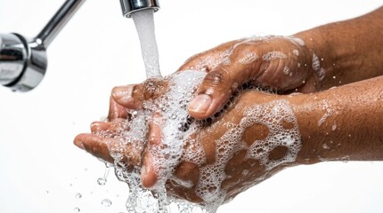 Fototapeta premium Person Washing Hands with Soap and Water at Faucet