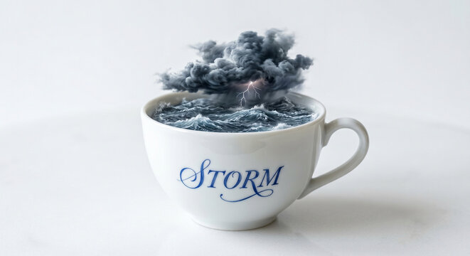 A miniature hyper-realistic ocean storm with dark swirling clouds and tiny lightning bolts inside a white porcelain teacup. The word 'STORM' is delicately painted on the cup in blue elegant script. Sh