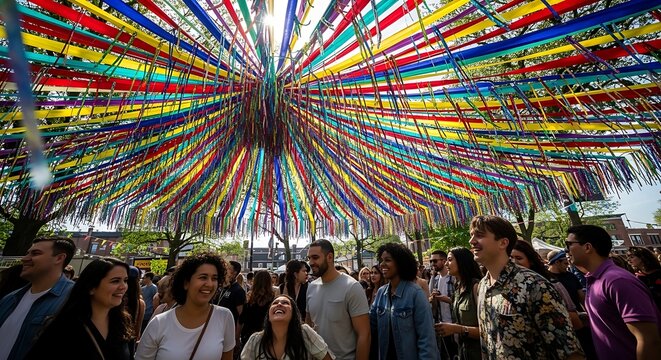 Diverse crowd celebrating under vibrant rainbow colored ribbon canopy at street festival.