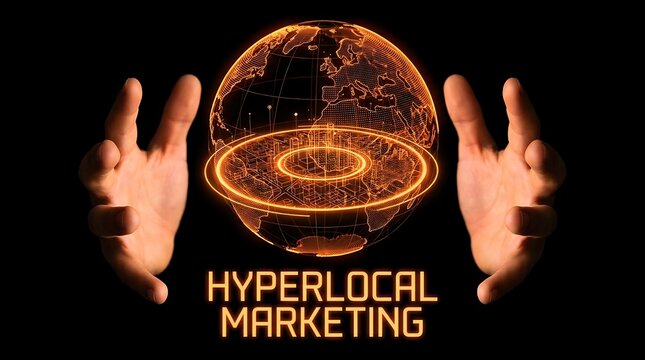 Hyperlocal Marketing Concept with Digital Earth and Glowing Hands.