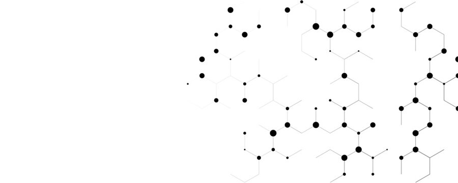 Abstract simple black and white digital honeycomb chemical structure background for scientific research presentation and minimalist tech web banner