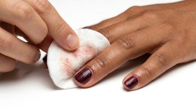 Woman Removing Dark Red Nail Polish with Cotton Pad