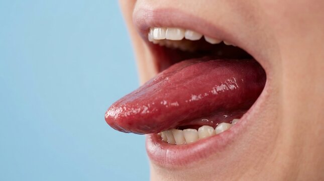 Close-up of an open mouth showing a swollen and inflamed red tongue against a light blue background