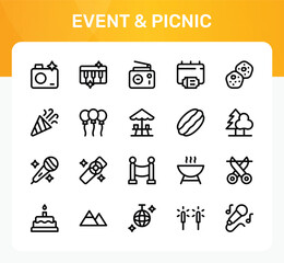 Fototapeta premium Event and Picnic icon set. Editable line icons. Professional and modern outline icon collection vector illustration with celebration banners and picnic essentials in a minimal design.