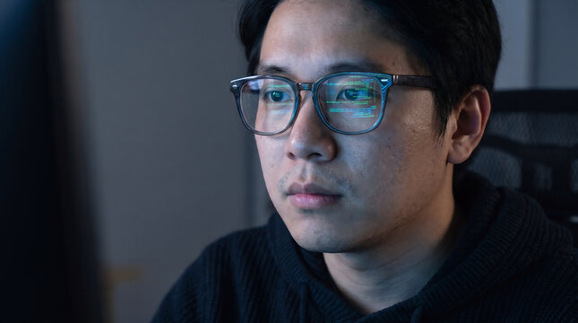Close-up Portrait of Asian Male Programmer with Code Reflection in Glasses - World Programming Day Concept