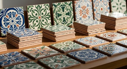 Fototapeta premium Handmade ceramic tiles with intricate patterns, showcasing artisanal craftsmanship and design
