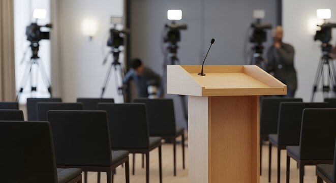 Empty conference hall with wooden podium and blurred press conference setup
