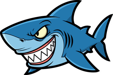 Fototapeta premium Angry Cartoon Blue Shark with Big Grin and Sharp Teeth