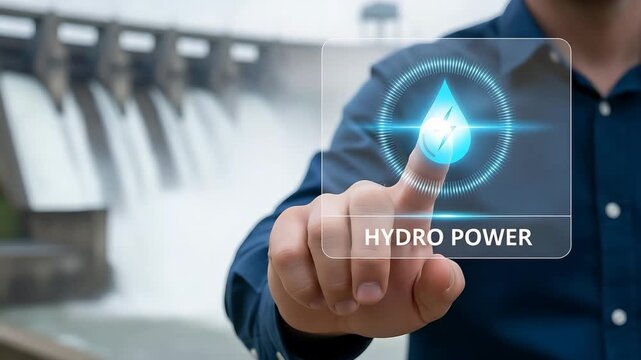 Hand touching screen with hydro power icon next to a dam for the concept of renewable energy.