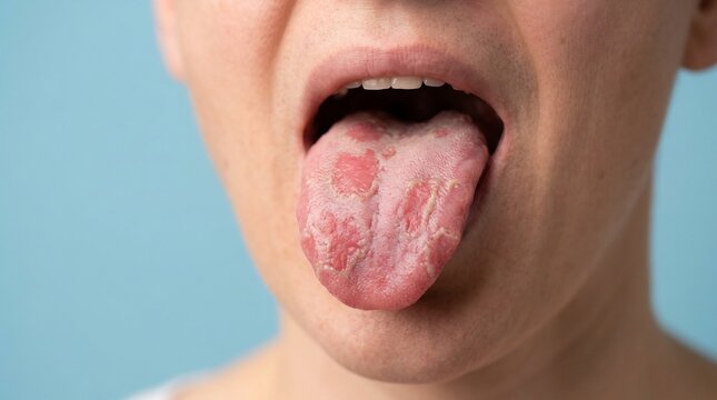 Close-up of a person with an open mouth showing a tongue with red patches and white coating for medical diagnosis