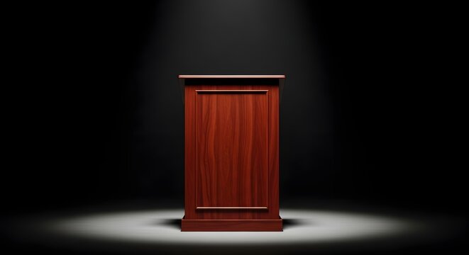 Empty wooden podium spotlighted on a dark stage presentation or announcement concept