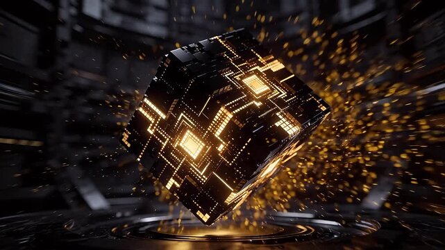 Floating black cube with golden circuits in futuristic dark sci-fi space
