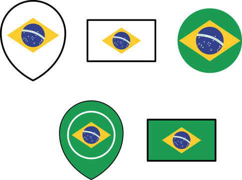 Diverse geometric pins and shapes showcase the Brazilian flag, distinct green and yellow markers represent national identification, offering versatile design elements for geographic locations