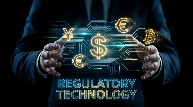 Regulatory Technology Concept with Businessman and Global Currency Symbols on Digital Interface.
