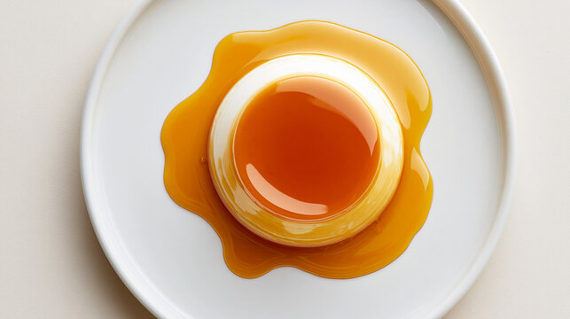 白いお皿にのった美味しそうなカスタードプリンの俯瞰ショット