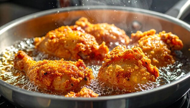close view of chicken pieces deep frying in pan with sizzling oil macro