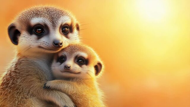 Adorable meerkat pair embracing in warm golden sunset. Mother's Day, Mothering Sunday, Dia de la Madre - Global Maternal Celebration, Worldwide Family Holiday