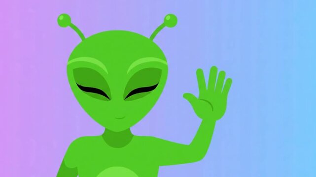 Friendly green alien character waving hello against a colorful gradient background.