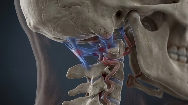 3D Medical Illustration of the Human Craniocervical Junction featuring the Skull and Cervical Spine with Red Highlights Indicating Inflammation or Pain