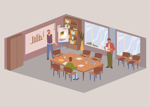 Isometric Conference Hall Vector Illustration with Business Presentation Meeting Table Whiteboard Flip Chart and Executive Staff Characters 3D Corporate Interior Plan