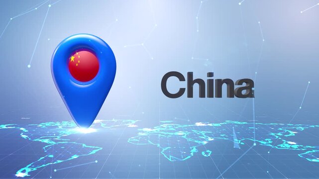 China Flag Inside Location Pin On Digital World Map Animation