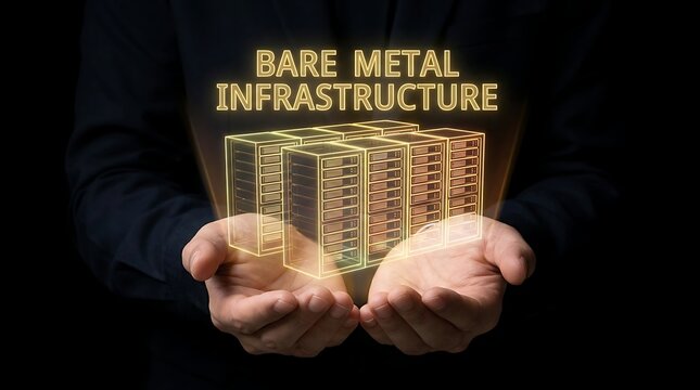Bare Metal Infrastructure Concept with Server Rack Hologram in Hands.