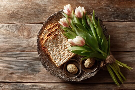 Holiday table setting for Passover featuring a seder plate, matzah, and tulips in a wooden backdrop