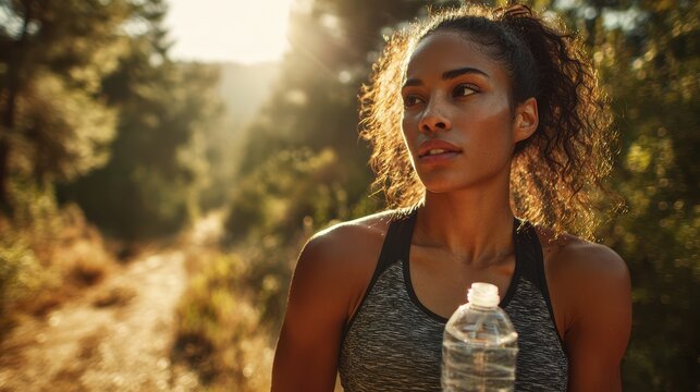 Hydration pause during trail training: healthy woman runner in nature