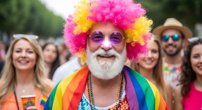 Joyful person in vibrant rainbow wig and colorful makeup at outdoor festival
