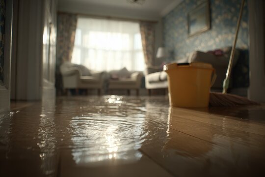 Interior water damage scene showing damp surfaces and water reflections, selective focus
