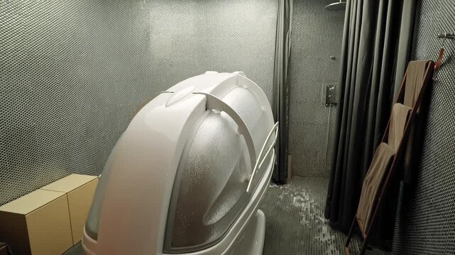 A room with modern sensory deprivation pod, experiencing deep relaxation