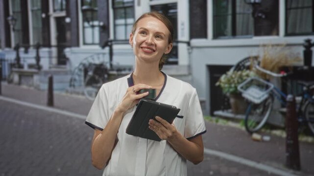 Woman in medical uniform holds tablet and lifts cosmetic cream jar to cheek while smiling on street; self care contentment.
