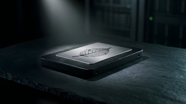 SATA Solid State Drive with Leaf Skeleton Etching on Metal Surface Representing Eco-Friendly Green Technology and Sustainable Data Storage