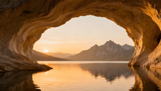 Cave opening to mountain lake at sunset