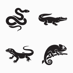 Obraz premium Four silhouettes of reptiles including a snake alligator lizard chameleon with black and white cold blooded animal kingdom white background