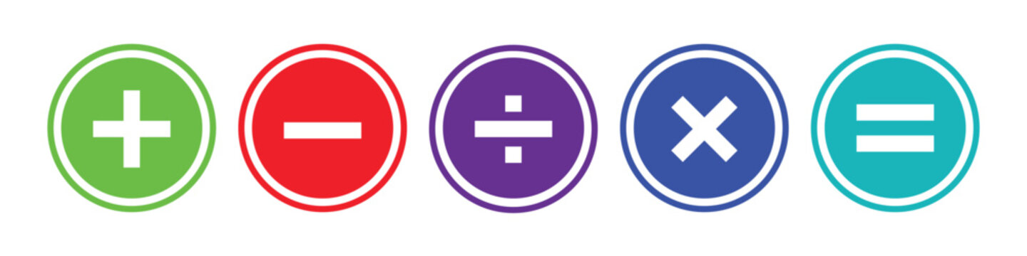 Colorful math symbols plus minus divide multiply equals flat icons on white background