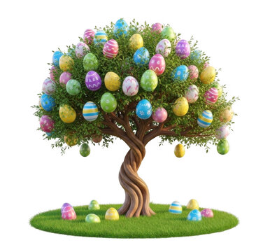 Colorful Easter egg tree decoration in spring garden with vibrant blooming branches