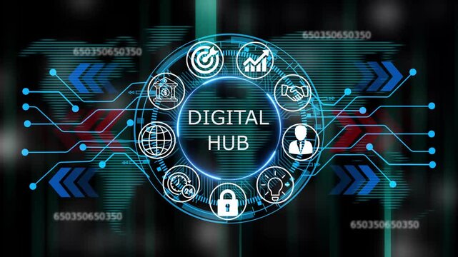 digital hub business and technology HUD concept icons. video animation  