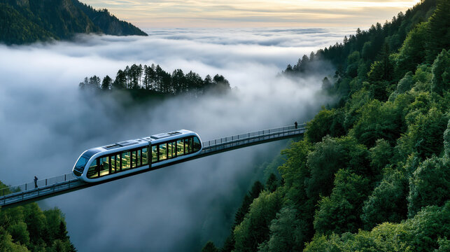 Futuristic train mountain bridge forest morning fog cloud sea modern architecture glass carriage panoramic window green landscape travel passenger elevated track suspension bridge nature valley