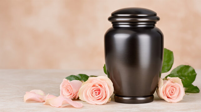 A polished dark metal cremation urn stands prominently on a light surface, accompanied by soft pink roses and scattered petals, conveying a respectful and dignified sense of remembrance.
