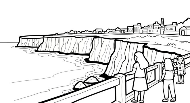 People Observing Coastal Erosion on Cliffside Pathway.