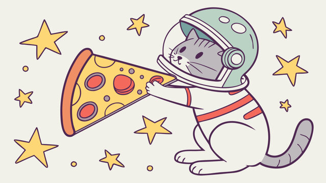 Cat astronaut eating pizza in space illustration