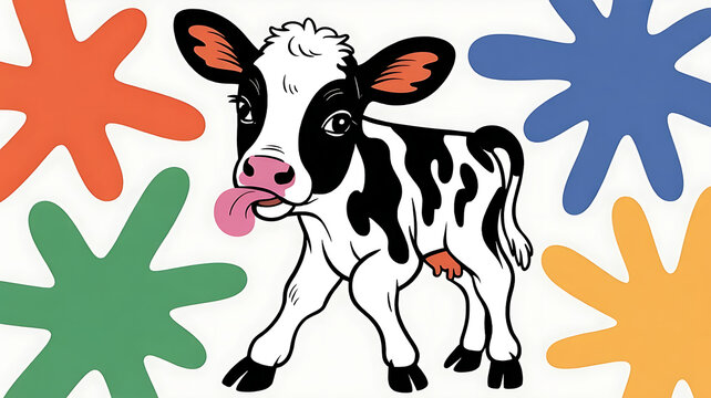 Black and white calf with pink nose licking its lips, isolated on transparent background 
