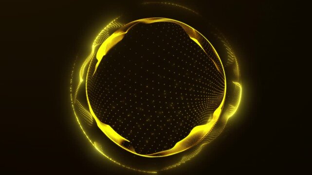 Golden glowing particle energy ring on dark background, luxury digital portal loop for futuristic technology, science visuals, and elegant intros