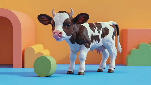 Black and white calf with pink nose licking its lips, isolated on transparent background 