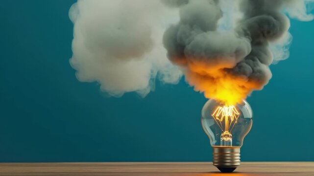 Light bulb explosion with smoke against teal background captures dynamic energy concept